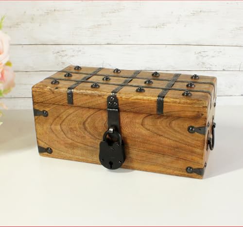 Treasure Chest Wooden Box with Antique Iron Lock and Skeleton Key (Medium 12.5x6x5.5) - Storage and Decor – Pirate Chest, Decorative Storage Chest with Hinged Lid, Wood Treasure Box - size: Medium 12.5 x 6 x 4.5"