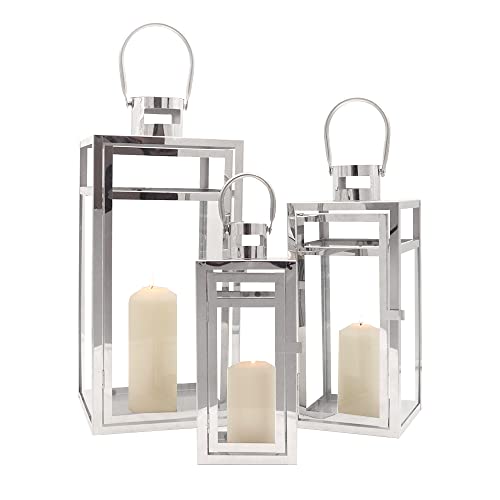 TRIROCKS Stainless Steel Lantern Set of 3, 19/15/12" Tall Metal Hanging Lanterns with Tempered Glass Panels, Indoor & Outdoor Home Decor for Living Room, Tabletop, Parties & Events - Silver Finish - color: Silver, size: Large