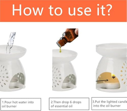 Ceramic Tealight Candle Holder Love Essential Oil Burner Ornament with Spoon for Yoga Spa, Oil Diffuser Aromatherapy Wax Melt Burners for Bedroom Home Decoration (White)