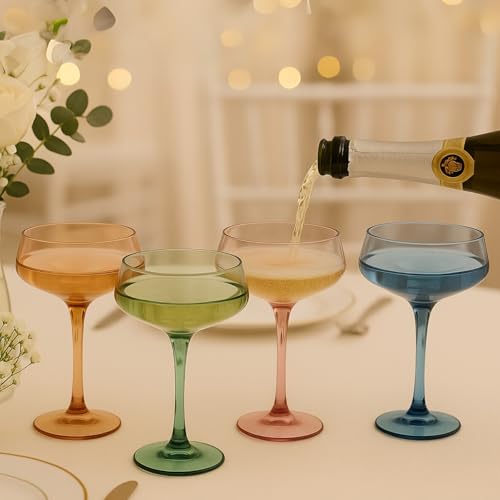 Khen 10.15 Ounce Plastic Acrylic Multicolor Coupe Glasses (Set of 4), Martini Glasses, Champagne Saucers, Reusable, BPA-Free, Shatter-Proof, Dishwasher-Safe, Perfect for Poolside, Outdoors, and More