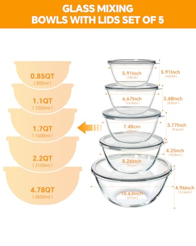 Glass Mixing Bowls with Lids Set of 5(4.78QT,2.2QT,1.7QT,1.1QT,0.85QT),Thick Glass Nesting Bowls for Kitchen Baking,Cooking Prep,Storage,Serving,Large Salad Bowls,Dishwasher Microwave Freezer Safe