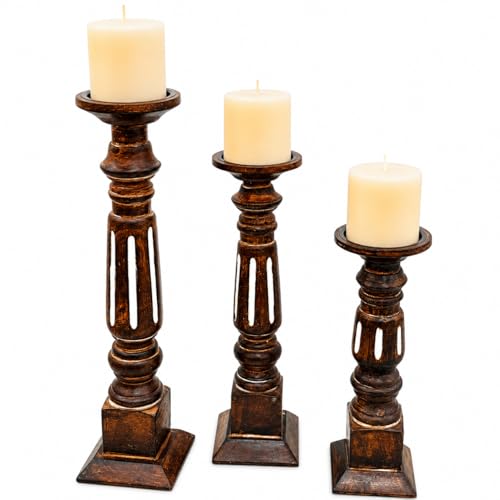 Pillar Candle Holders Set of 3, Candle Holders for Pillar Candle,Mango Wood Candle Holder for Coffee Dining Table, Wedding, Christmas, Halloween, Home Decoration,Brown