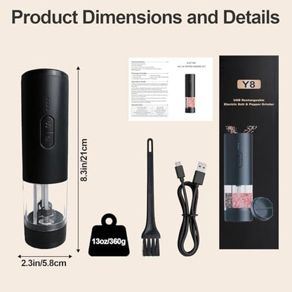 Electric Salt and Pepper Grinder Set, 2-in-1 Electric Salt and Pepper Grinder Set, USB-Rechargeable, Refillable Automatic Salt and Pepper Mill Shaker with LED Light, Kitchen Gift, Black