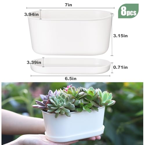 Set of 8 White Oval Window Sill Planters with Drainage Holes and Trays（7 Inch） for Herbs Basil Orchids Succulents, Modern Herb Garden Planter for Indoor/Outdoor Plants - size: 7 x 3.95 x 3.15-inch
