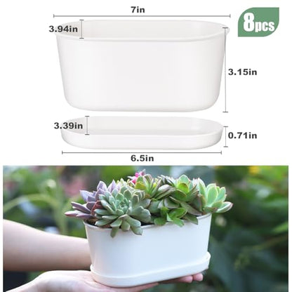 Set of 8 White Oval Window Sill Planters with Drainage Holes and Trays（7 Inch） for Herbs Basil Orchids Succulents, Modern Herb Garden Planter for Indoor/Outdoor Plants - size: 7 x 3.95 x 3.15-inch