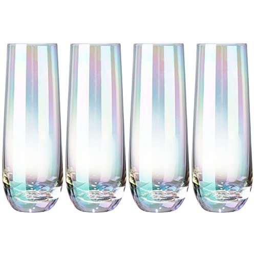 MyGift Set of 4 Iridescent Stemless Champagne Flutes, Rainbow Glasses, 9 oz | Iridescent stemless flutes add colorful sparkle to champagne, prosecco, cocktails and mimosas for holidays, parties or toasts - color: Iridescent