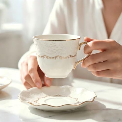 Tea Cup and Saucer Set for 1, Ceramic, White, 6.8 Oz | Coffee Cup with Saucer and Spoon, Elegant Design, 3D relief patterns, Gold Trim, Protective Packaging, Ideal for Gift - color: Elegant