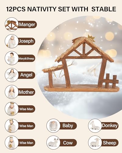12 Set Nativity Scene Resin Figurines – Handcrafted Christmas Crèche with Holy Family, Mar Joseph Angel Wise Men Animals Stable – Religious Holiday Xmas Decoration for Home Church Mantel (Beige)