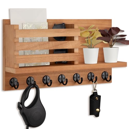 Lwenki Key Holder for Wall – Decorative Wooden Mail Holder and Key Shelf with Mounting Hardware, Installation Guide – Paulownia Wood with Metal Key Hooks (Light Brown, Extra Large - 15.6inch) - color: Light Brown, size: Extra Large - 15.6inch