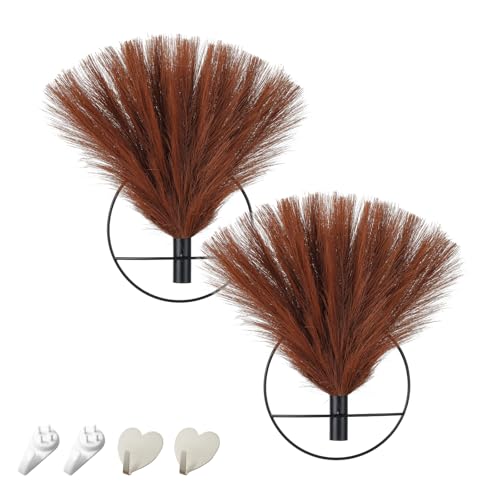 Pretty Jolly Boho Pampas Wall Decor Black Metal Wall-Mounted Art | Morden Artificial Greenery Display，2 Pack Hanging Planter For Living Room, Bedroom, Bathroom, Dining room - color: 16-pampas-YellowCoffee - Black Ring, size: S 7.8inch (Black Ring)