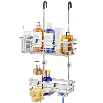 HapiRm Hanging Shower Caddy Organizer - No Drilling Shower Shelves with Hooks and Toothbrush Holder, Rustproof 304 Stainless Steel Bathroom Organizer - Silver - color: Silver