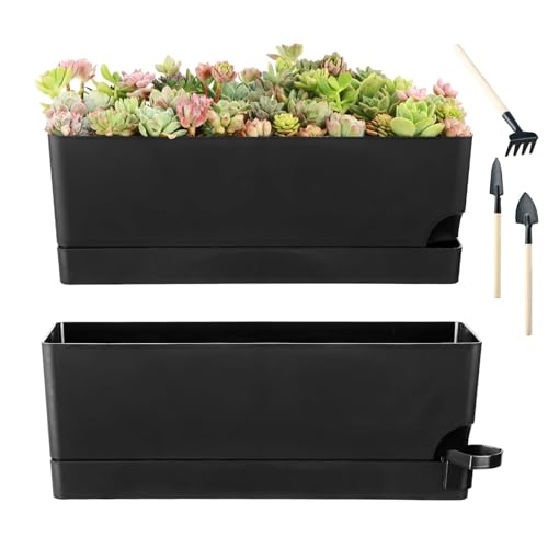 Self Watering Pots for Indoor Plants 17 Inches Window Boxes Planters Rectangular Flower Pots Rectangle Herb Pots Large Plant Pots with Drainage Holes and Saucers Windowsill Planter (2, Black) - color: Black