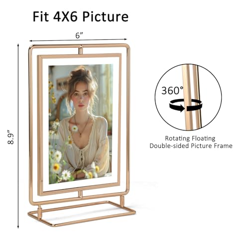 Lyeasw Rotating Picture Frame for 4x6 Picture, Gold Standing Double Sided 4x6 Floating Picture Frame for Vertical Table Display, Single