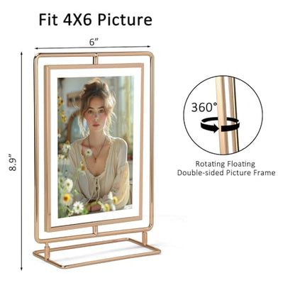 Lyeasw Rotating Picture Frame for 4x6 Picture, Gold Standing Double Sided 4x6 Floating Picture Frame for Vertical Table Display, Single