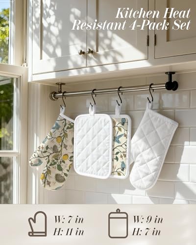 Miss Adola Cotton Oven Mitts and Pot Holders Sets, Lemon Songbird | Heat-resistant up to 350°F, Pure Cotton, Quilted Contact Surface, Stylish Design, with Hanging Loop, Ready to Gift Package - color: Lemon Songbird