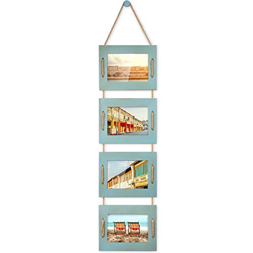 DLQuarts 5x7 Hanging Picture Frames Collage Wall Decor, 4-Opening 5x7 Matted to 3.5x5 Photo Rustic Wood Frame with Hemp Rope, 1 Pack, Ocean Blue - color: Ocean Blue, size: 5x7-1 Pack