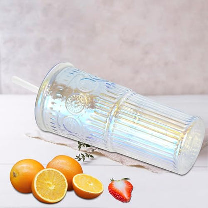 Bandesun All Glass Iced Coffee Cup With Lids and Straws，24 OZ Rainbow High Borosilicate Glass Tumbler for Water Smoothie Juice Drinks - color: Rainbow