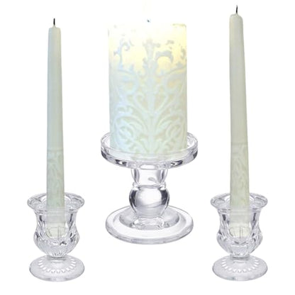 Glass Taper Candle Holders Set of 3, Clear Candlestick Holders for Pillar Taper Candles Elegant Carved Design for Church Romantic Dinners Holiday Decor Wedding Party