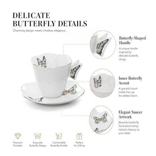 Solidith 8 Oz Espresso Cups With Saucers Set Of 6,Butterfly Ceramic Cups | Microwave and Dishwasher Safe,Perfect For Tea, Espresso, Cappuccino,Latte, Cafe