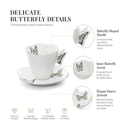 Solidith 8 Oz Espresso Cups With Saucers Set Of 6,Butterfly Ceramic Cups | Microwave and Dishwasher Safe,Perfect For Tea, Espresso, Cappuccino,Latte, Cafe