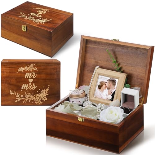 Large Wooden Wedding Keepsake Box with Lid,Mr&mrs | 12 x 9 x 5.5 Inch Memory Storage, Engagement Gift for Couples Newlyweds, Bridal Shower Organizer, Photo Jewelry Holder - style: Mr&Mrs