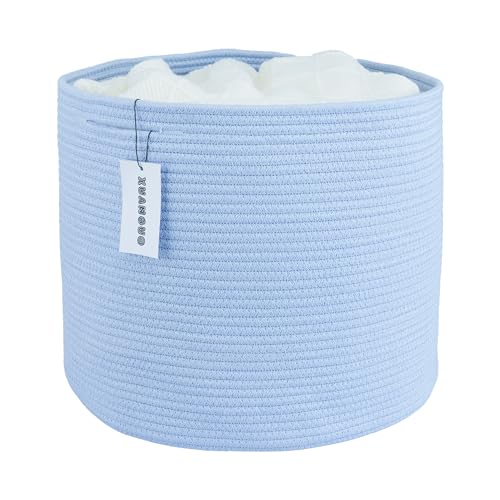 XUANGUO Cotton Rope Basket For Girls Boys Kids 16”X14 Blue | Baby Laundry Baskets, Blanket Basket, Nursery Bin; Round Woven Basket Organizer for Toy Storage, Blankets, Shoes and Clothes - color: blue