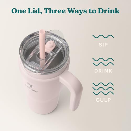 REDUCE 24 oz Stainless Steel Tumbler with Handle - Dual-Wall Vacuum Insulated Travel Mug, Sweat-Proof Lid & Reusable Straw - Keeps Drinks Cold for 24 Hrs, Fits Cupholders, Dishwasher Safe-Pink Cotton - color: Pink Cotton, size: 24 Ounces