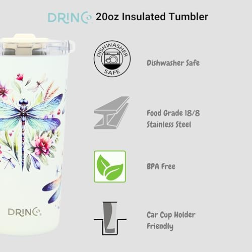 Drinco - 20 oz Stainless Steel Tumbler | Double Walled Vacuum Insulated Mug With Lid, 2 Straws, For Hot & Cold Drinks (20oz Dragonfly) - color: 20oz Dragonfly