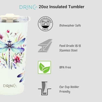 Drinco - 20 oz Stainless Steel Tumbler | Double Walled Vacuum Insulated Mug With Lid, 2 Straws, For Hot & Cold Drinks (20oz Dragonfly) - color: 20oz Dragonfly