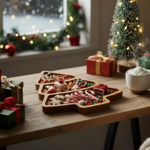 11.42 x 10.43 Inch Christmas Tree Wood Serving Platter Board | Rustic Charcuterie Platter for Christmas Parties, Cheese Fruit Tray, Farmhouse Cutting Board for Holiday Table - style: Christmas Tree