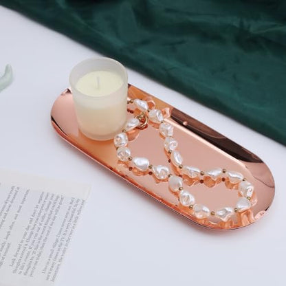 Dnyta 2Pcs Stainless Steel Decorative Tray, Decor Jewelry Dish Rose Gold | Bathroom Decor Makeup Serving Trays Cosmetics Home Decor for Dresser, Keys Watch Wallet Trinket (9"x3.7", Oval, Rose Gold) - style: Oval rose gold style (2pcs)