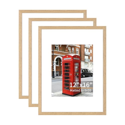 ATOBART 12x16 Picture Frame Set of 3, Light Wood, Plexiglass | Fits 8x10 with Mat or 12x16 without; Mounts Horizontal or Vertical; Clear Plexiglass; Light Wood Grain - color: Light Wood, size: 12x16
