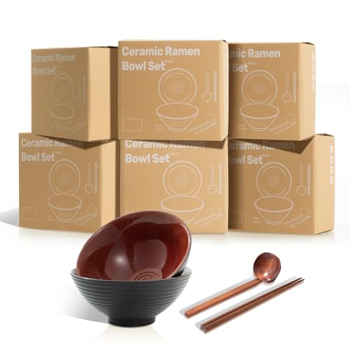 8 Inch Ceramic Ramen Bowl Set of 2, 40oz Japanese Bowls with Spoons & Chopsticks,Durable,Microwave & Dishwasher Safe,Perfect for Ramen,Pho,Salad,Soup,Noodles，Mixing bowls（Carnelian） - color: Carnelian
