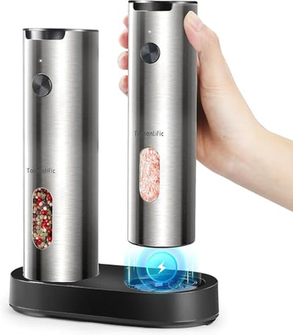 Electric Salt and Pepper Grinder Set with Rechargeable Base - Upgraded Large Capacity, Refillable Pepper Mill Set with LED Light & Adjustable Coarseness, Ideal for Kitchen, Outdoor (Light Silver) - color: Lighr Silver