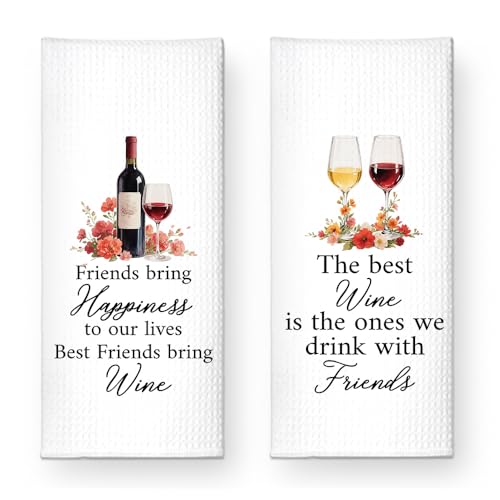 Friends Bring Happiness to Our Lives Kitchen Towels 2 Pack, Towels Set for Friendship Gifts, Bestie Gifts Kitchen Bathroom Decor, Christmas Birthday Gifts for Men Neighbor Mom Friends - color: Best Wine