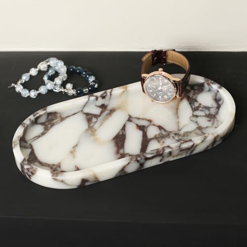 100% Natural Calaccata Viola Marble Tray, 10" x 5" Oval Tray | Luxury Calacatta Marble Vanity Tray, Small Hand Towel Tray Holder Organizer, Makeup Holder for Bathroom Kitchen Counter - color: Viola-oval-10"x5"x0.7"