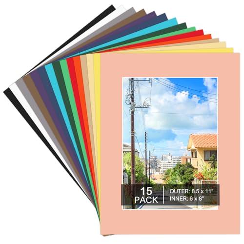 15 Pack Picture Mats 8.5 x 11 for 6 x 8 Photos, Mixed Colors | 1.2 mm Thick Bevel-Cut Mat Board, Cream Core, Protects Photos and Art, Ideal for Frames, Prints, Gallery and Office Display - size: 8.5x11 for Photos 6x8