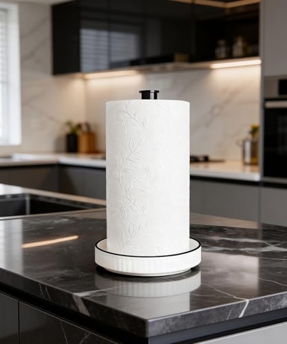 Paper Towel Holder, Ceramic Heavy Plate Base Wobble-Free, Roll Stand-Wh-bk | Effortless Cleaning and Easy to Assemble, Super Large for Triple Rolls, High End Looking as a Good Gift for Kitchen Island - color: Farmhouse White