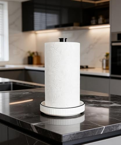 Paper Towel Holder, Ceramic Heavy Plate Base Wobble-Free, Roll Stand-Wh-bk | Effortless Cleaning and Easy to Assemble, Super Large for Triple Rolls, High End Looking as a Good Gift for Kitchen Island - color: Farmhouse White