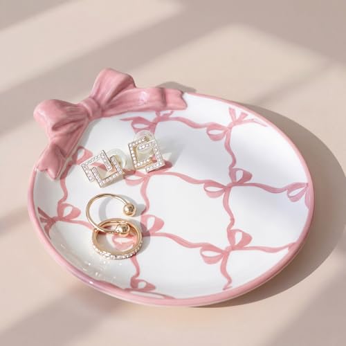 Pink Bow Ceramic Jewelry Tray Coquette Ring Holder Trinket Dish for Rings Earrings Necklaces Cute Bow Decorative Organizer Tray for Dresser Vanity Gift for Women