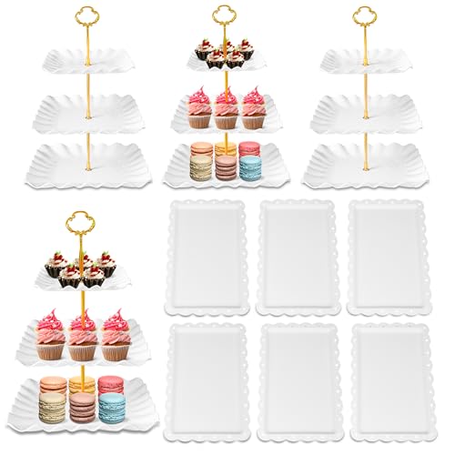 10 Pack Dessert Table Display Set, 4 Three-Tier Square Cupcake Stands and 6 Serving Trays for Cakes, Cupcakes, Pastries and Snacks, Baby Shower Decorations, Bridal Shower, Birthday, Wedding Party - color: White
