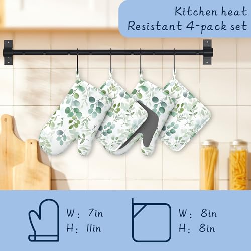 Eucalyptus Leaves Oven Mitts and Pot Holders Sets,Extra Long Watercolor Green Leaf Kitchen Mittens for Cooking,Thick Cotton Heat Resistant Silicone Cooking Utensils Set for Baking Cooking Grilling - color: Eucalyptus Leaves