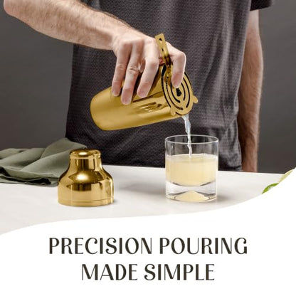 Cocktail Shaker Set - Bartender Kit with Pine Stand | Leak-Proof Design | Includes Martini Shaker, Jigger, Strainer, Spoon, Tongs | Perfect Bar Tools Gift for Home Mixology (Gold) - color: Gold / Light Stand, size: 8 Pieces