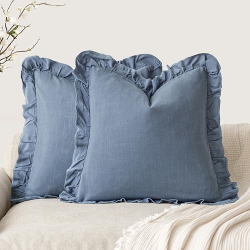 Foindtower Set of 2 Decorative Linen Fringe Ruffle Throw Pillow Covers Soft Boho Farmhouse Cushion Cover Cozy Accent Retro Pillowcase for Couch Sofa Bed Living Room Home Decor,20×20 Inch,Coronet Blue - color: Coronet Blue, size: 20" x 20" (Pack of 2)