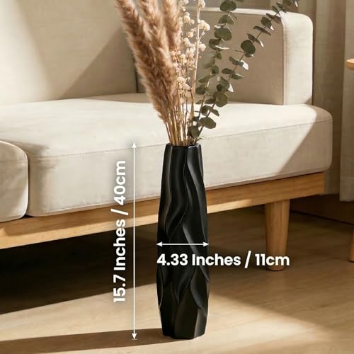 Black Tall Ceramic Floor Vase, 15.7 Inch, Pleated Wave Design | Matte Finish, Narrow Corners, Entryway, Bedroom, Compact Spaces - size: 15.7 Inch