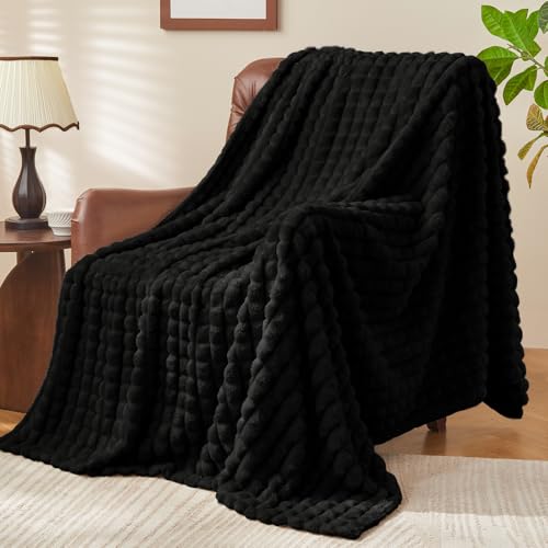 BEDELITE 3D Checked Black Fleece Throw Blanket for Couch, 50x60 Inches | Soft Warm Fuzzy Fluffy Blanket for Bed Sofa, Lightweight Plush Cozy Blankets for Home Room Decor, Gift for Women, All Season - color: Black, size: Throw(50"x60")