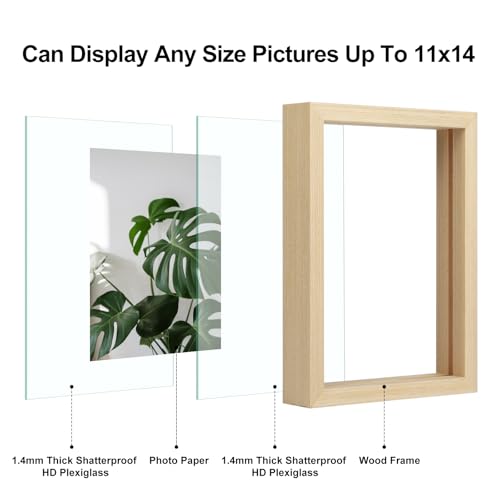 Egofine 11x14 Floating Frames Set of 2, Double Plexiglass Picture Frame, Made of Solid Wood Display Any Size Photo up to 11x14, Wall Mount or Tabletop Standing, Natural Wood - color: Natural Wood, size: 11x14