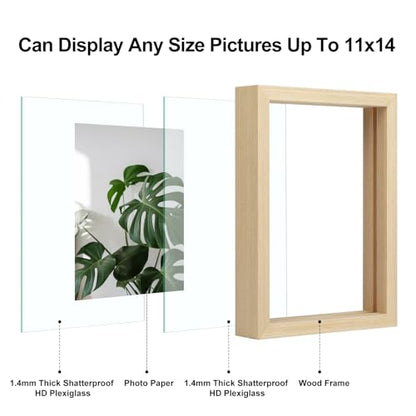 Egofine 11x14 Floating Frames Set of 2, Double Plexiglass Picture Frame, Made of Solid Wood Display Any Size Photo up to 11x14, Wall Mount or Tabletop Standing, Natural Wood - color: Natural Wood, size: 11x14