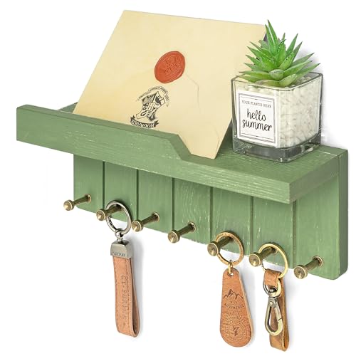 Rebee Vision Key Holder Wall Mount with 7 Hooks for Home Decor, Green | Pine Wood, Key Holder for Wall, Floating Shelf, Hats and Leashes Hanging, Small Essentials Storage, Stylish Home Decor - color: Green, size: Large - 12 Inch