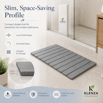 Stone Bath Mat, Quick Dry Foldable Diatomaceous Earth, 24 x 16, Grey | 23.6 x 15.3 in grey stone bath mat with foldable design, anti-slip pad and included sandpaper.